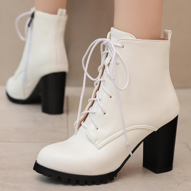 White Silver Women's Ankle Boots Autumn Winter Short Boot Shoes Black Lace-up Block High Heels Party Footwear Large Size 45 50