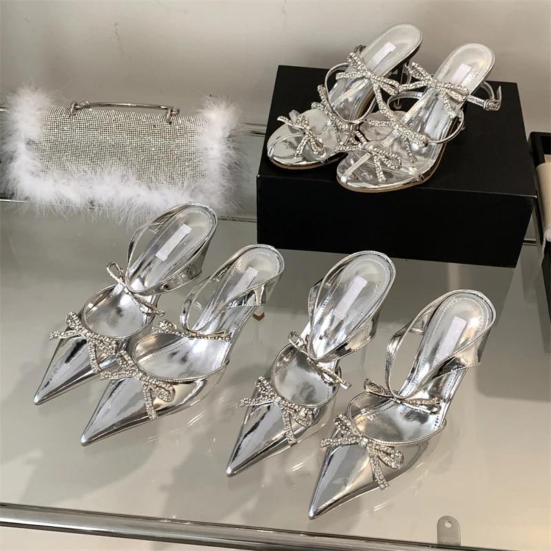 Fashion Eilyken Summer Sexy Crystal Butterfly-knot Pointed Toe Women Pumps Fashion Buckle Strap High Heels Party Prom Sandals Mule Shoes