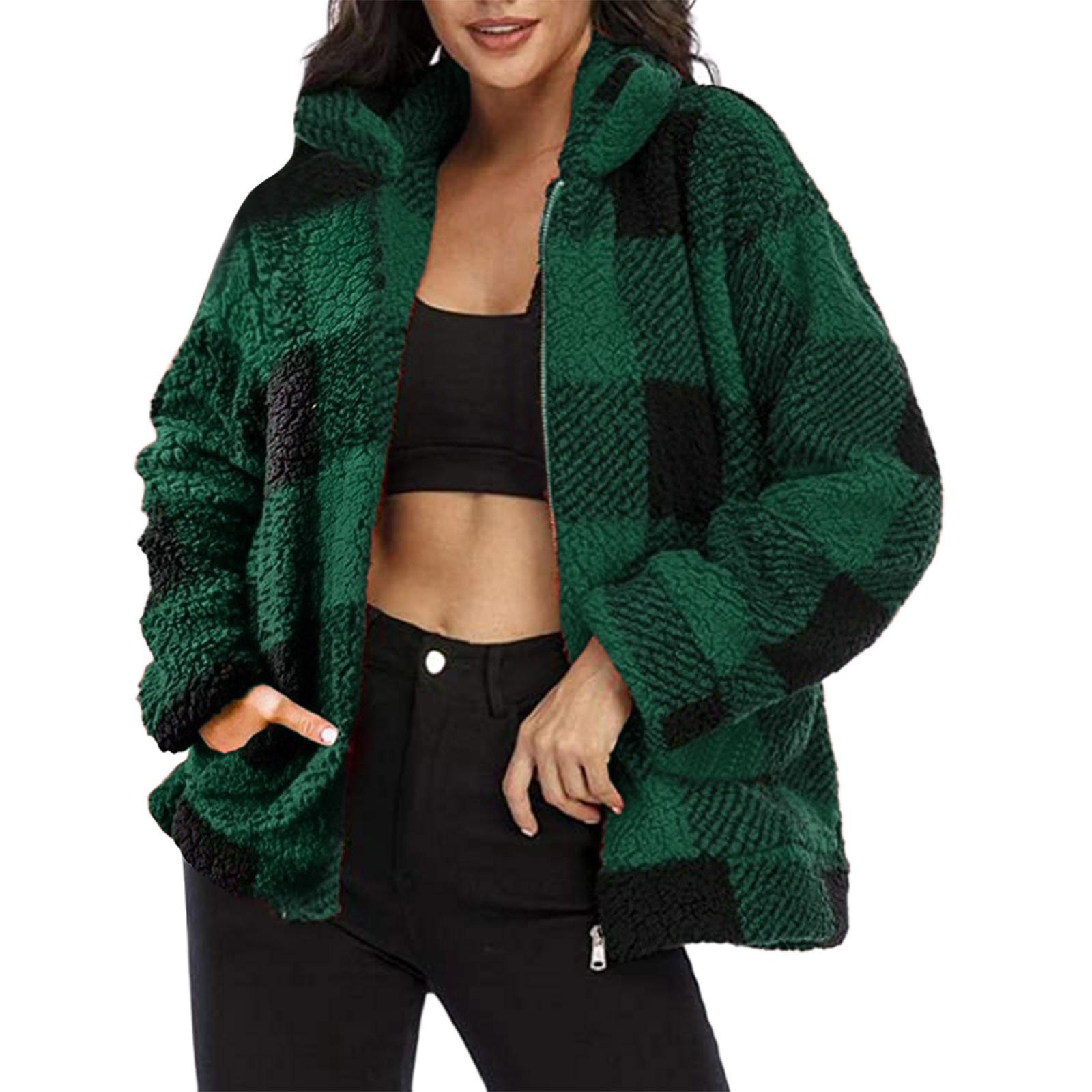 

Женская куртка из искусственной овчины с длинными рукавами и лацканами на молнии, пальто в нечеткую клетку с карманами