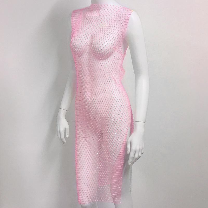 Crystal Diamond Beach Dress Women Sexy V Neck Hollow Out Rhinestone Sleeveless Bodycon Dress 2021 Mesh Party Dresses #0729