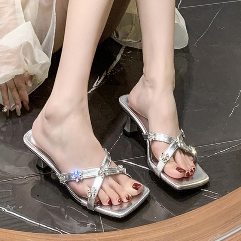 Fashion Purple  Cross Strap Sandals for Women in The Summer of 2025 New Square Toe Rhinestone High-heeled Sandals Cool Slippers