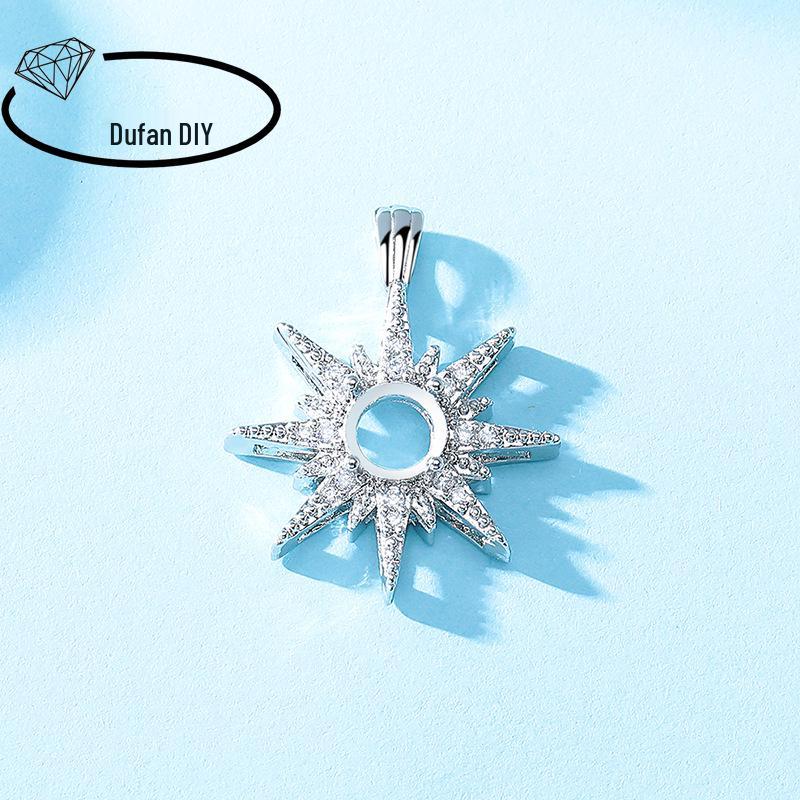 White Gold Octagram Star Copper Pendant, Women's Round CZ Cabochon Setting, Imitation 925 Silver