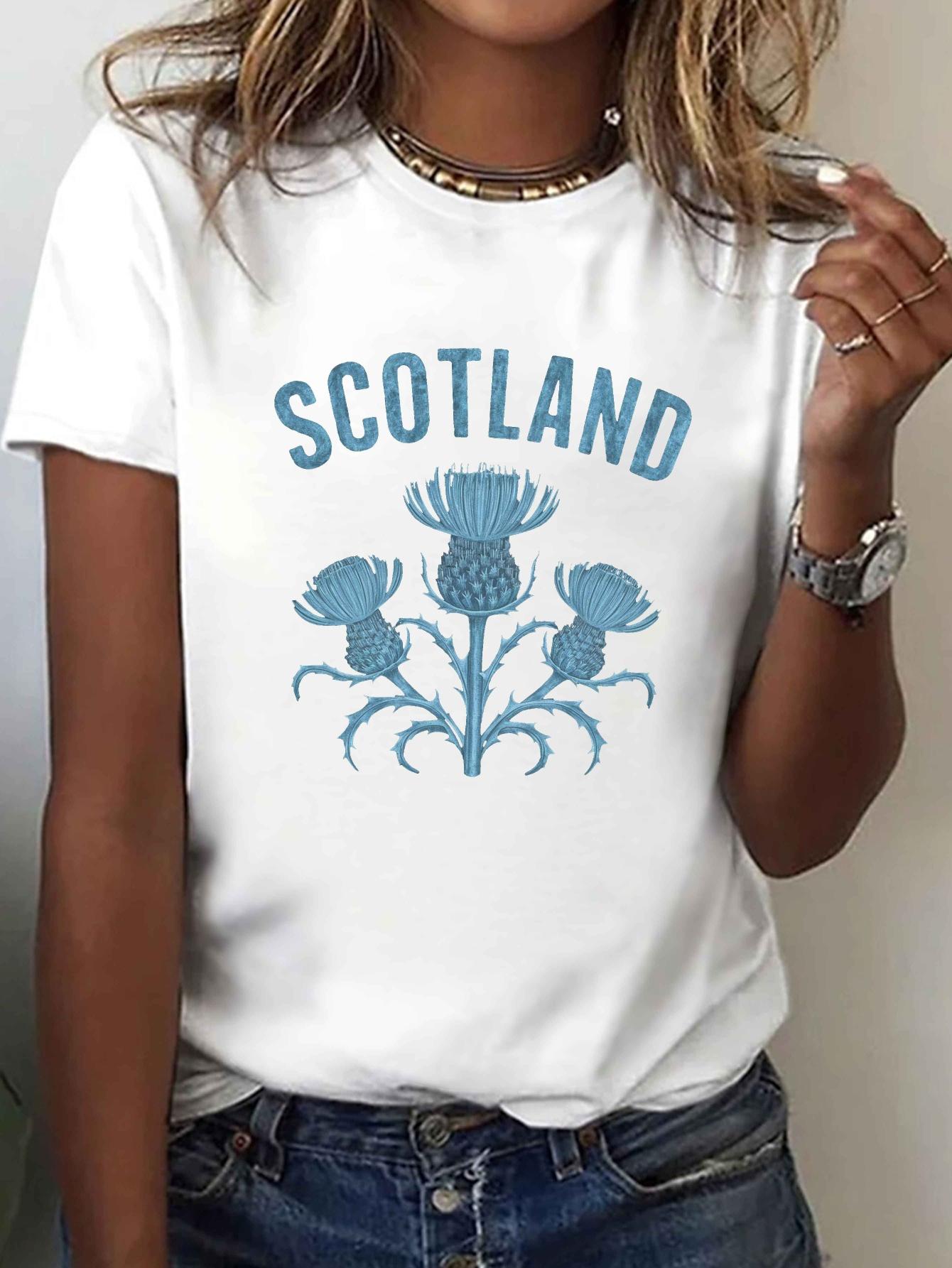 

Women S Casual Short-Sleeve T-Shirt Featuring A Thistle Illustration From Scotland, Perfect for Spring and Summer S белый