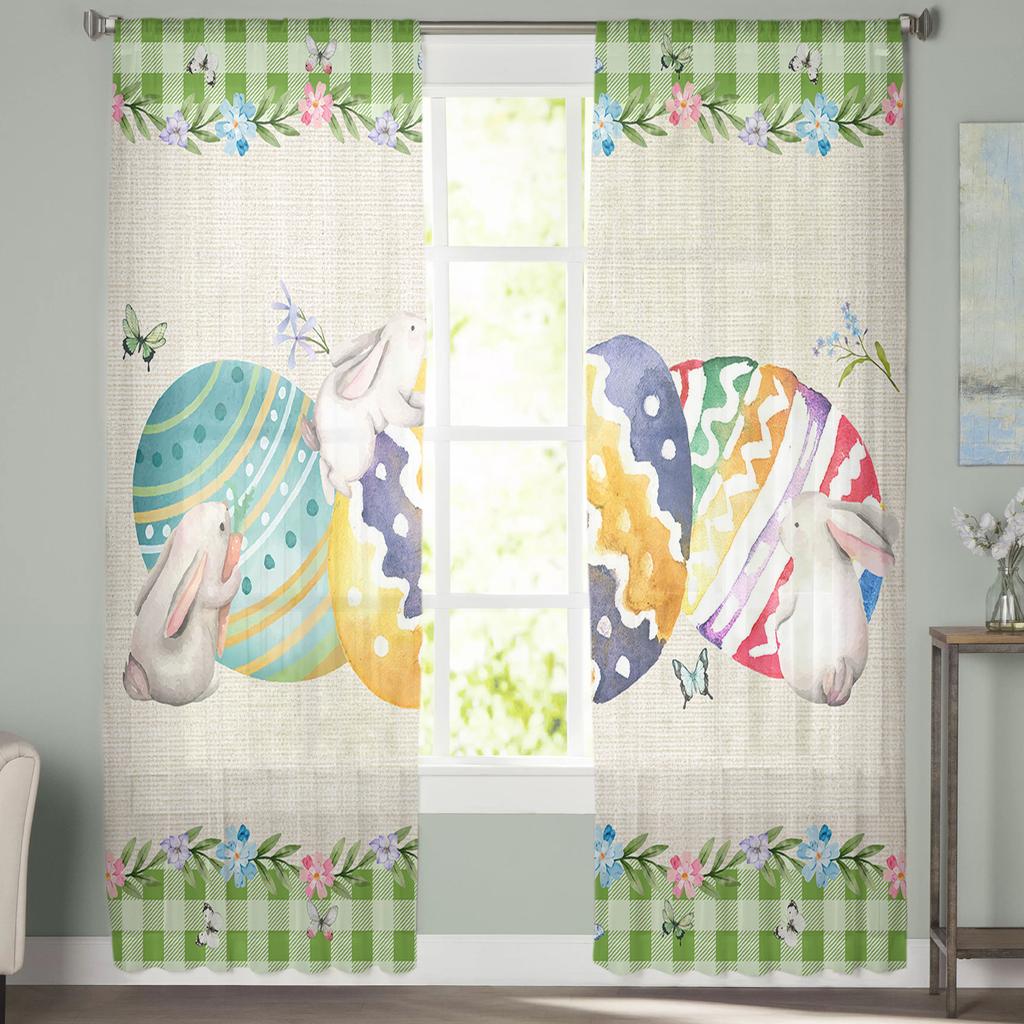 Easter Bunny Egg Tulle Curtains For Living Room Bedroom Voile Sheer Curtain Window Home Decor Drapes