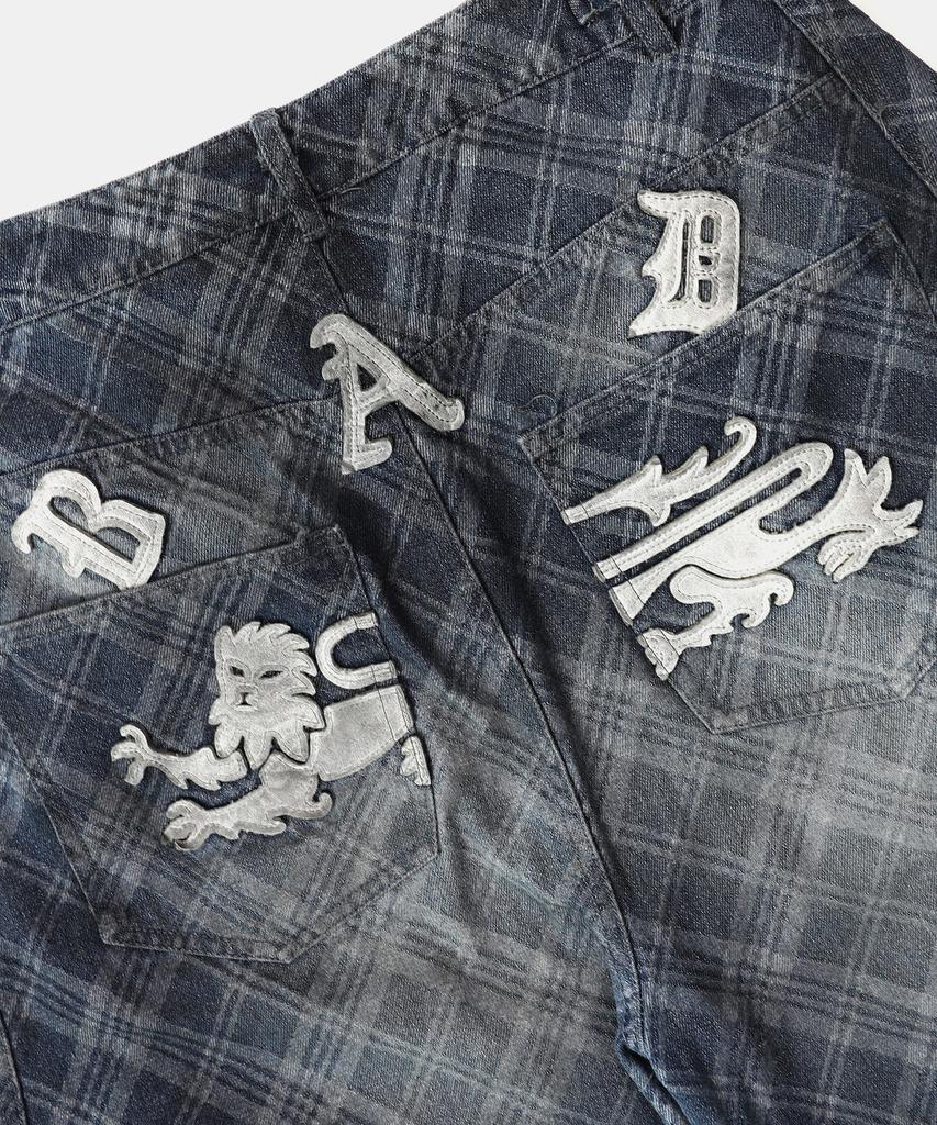 BADBLOOD Lion Patch Washed Barrel Pants - Blue Denim Check