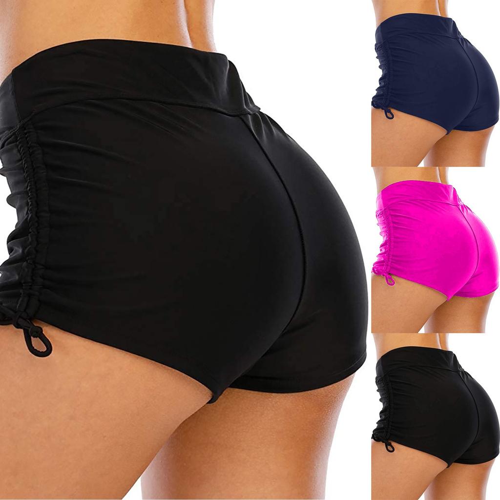 Women's Solid Color Bottom Up Light Proof  Motion Yoga Drawstring Swimming Trunk