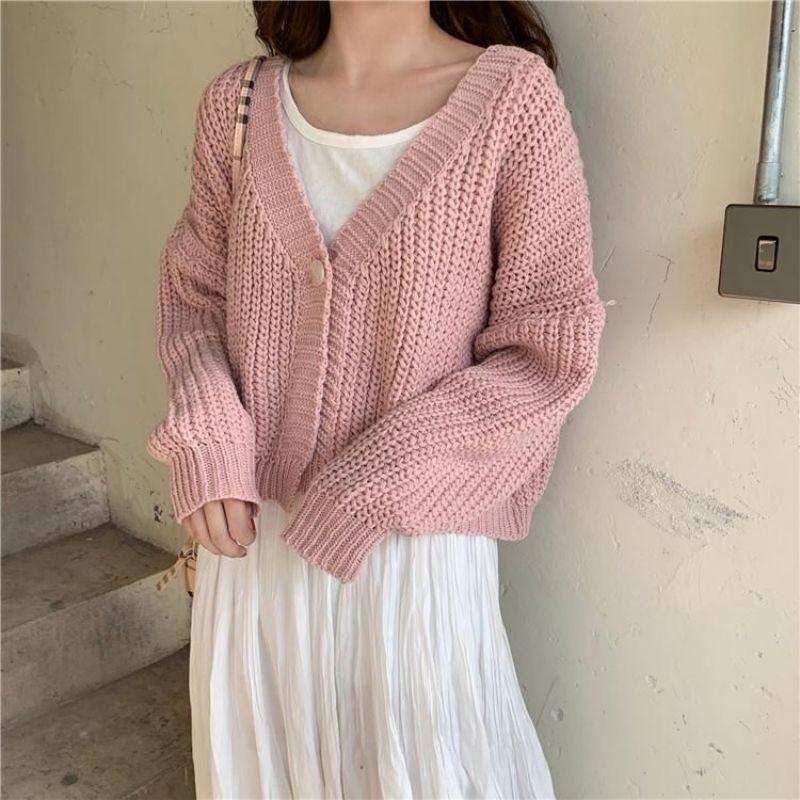 Women's Cardigan Sweater Outerwear Preppy Style Versatile Korean-Style Loose Short Top V-Neck Knitwear