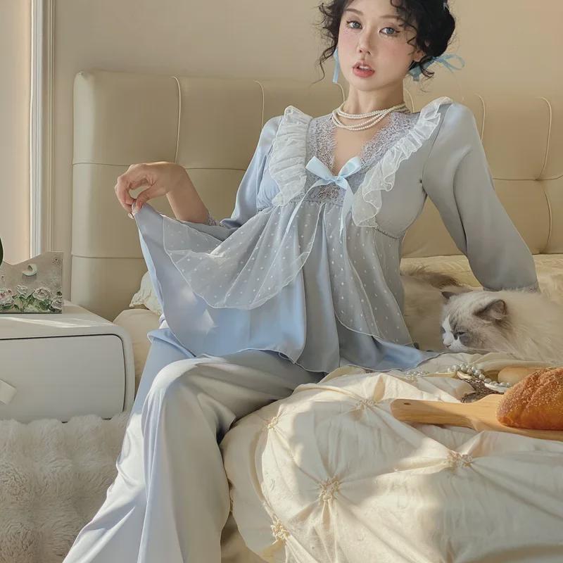 "Letní pyžamový set z ledového hedvábí": Dámský top s 3/4 rukávem a kalhoty se saténovou krajkou, princeznovský styl"