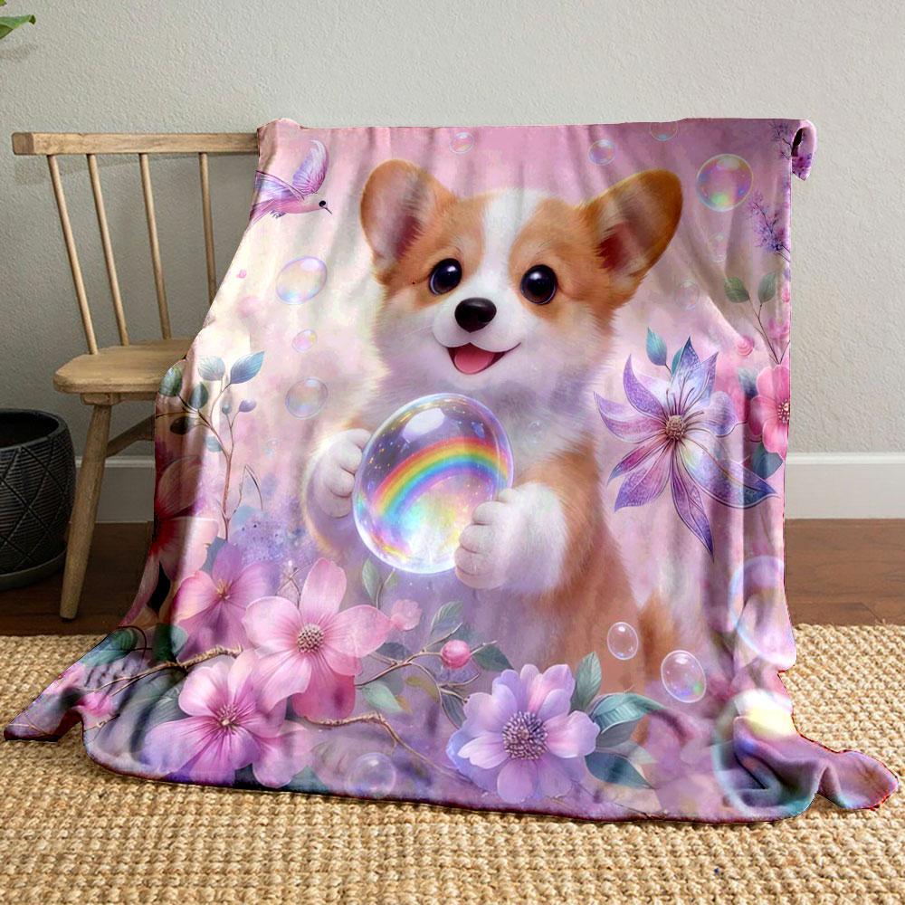 1PC Dreamy Flower Puppy Print Warm Comfortable Blanket Home Travel Camping for Adults and Kids Suitable for All Seasons