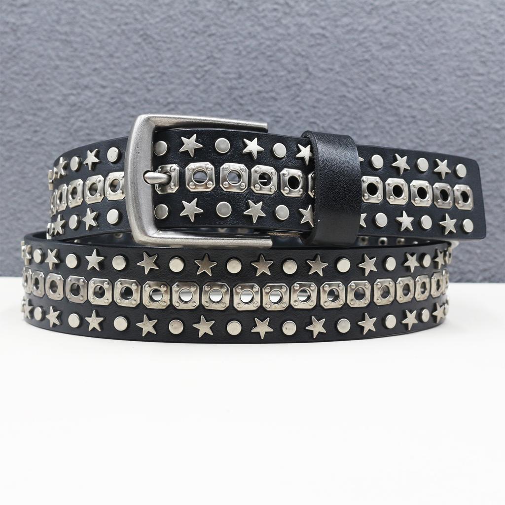 Full Body Corn Hole Rivet Belt Leather Star Hollow Belt Goth Heavy Industry American Belt