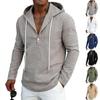 Men's Linen Striped Long Sleeve Hooded Shirt with Half Zip and Drawstring, Relaxed Fit