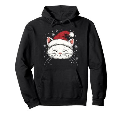 Xmas Cat Santa Hat Women Girls Merry Christmas Hoodie