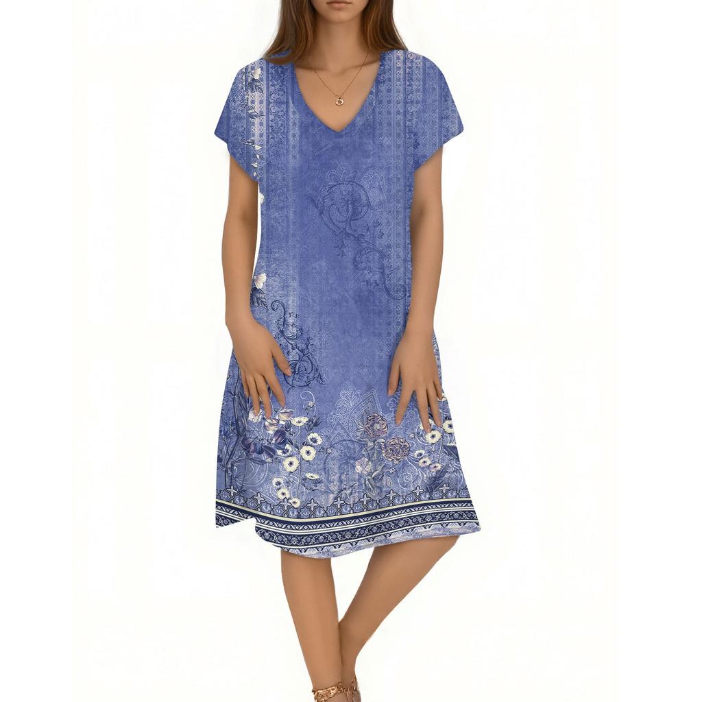 Women's Casual Fashion V-Neck Short Sleeve Floral Print Midi Flowing Dress
