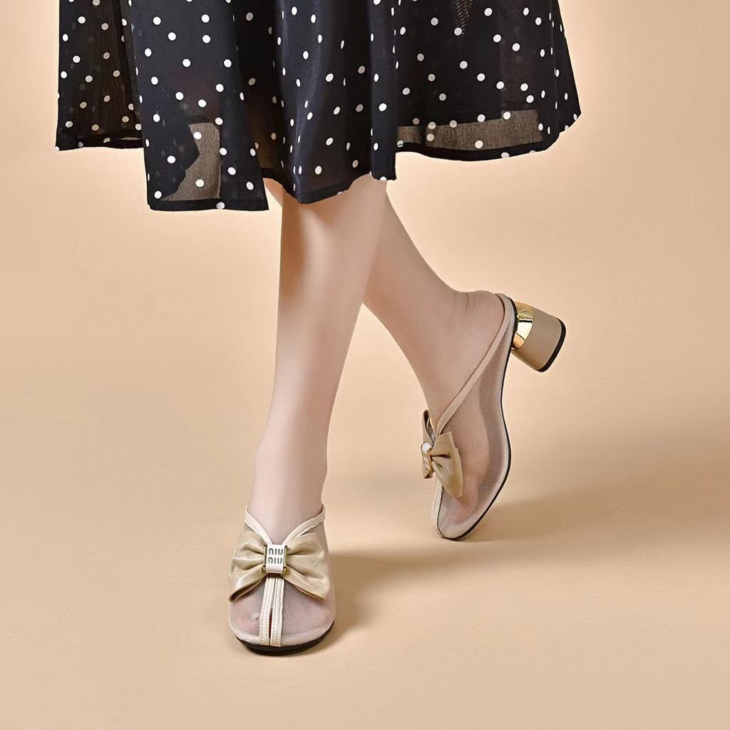 Slippers Women's Outer Wear 2025 Summer New Korean Version Bag Head Bow Mesh Slippers High Heel Fashion Lazy Slippers