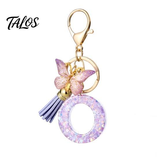 Talos Purple Series Keychain Pendant, Sequins Star Initial Letter Charm Key Chain with Butterfly Tassel Design, A-Z Holder for Bag Purse Backpack
