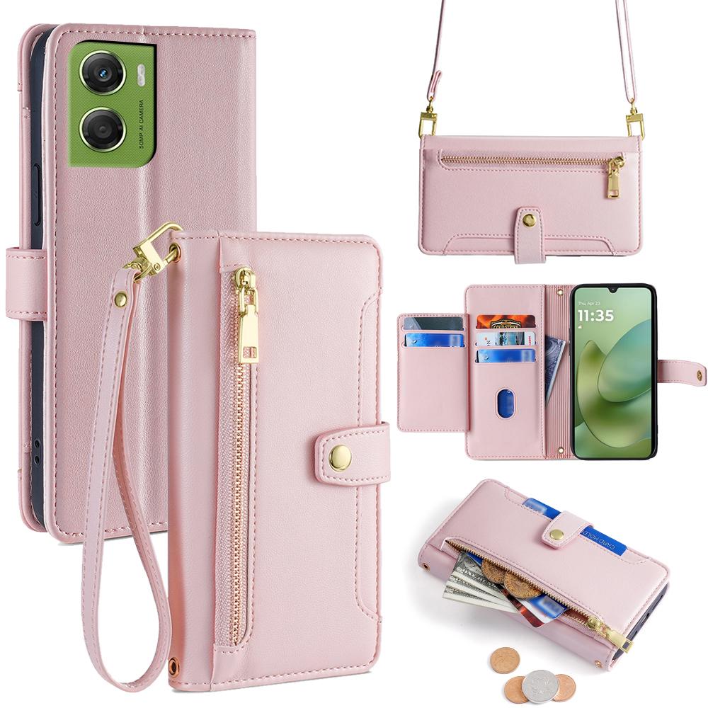 For Motorola Moto G06 4G Leather Case Zipper Pocket Wallet Phone Cover with 2 Straps