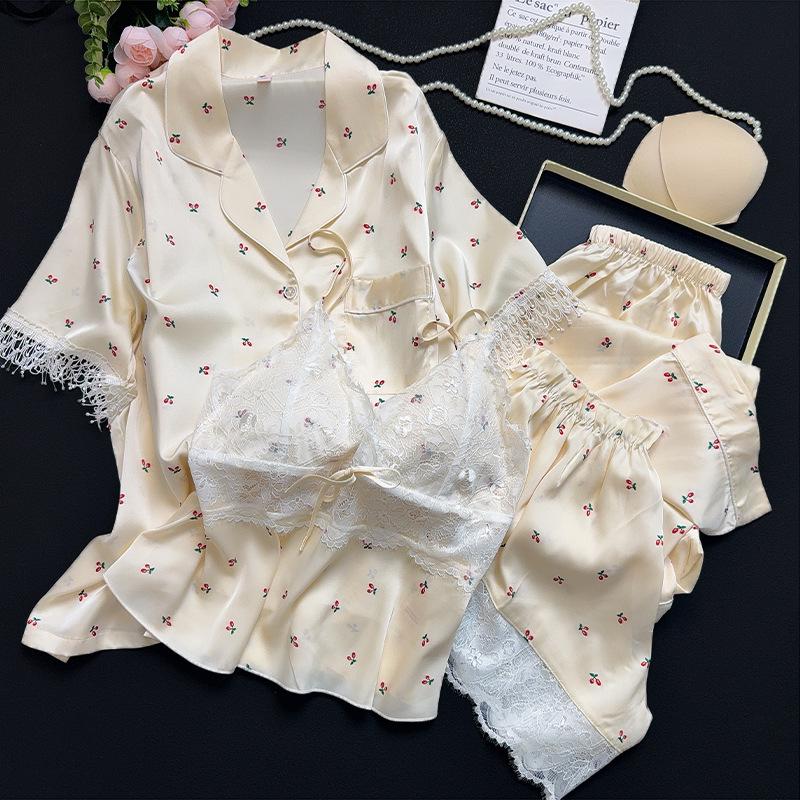 Women's Ice Silk 4-Piece Set: Short-Sleeved Camisole & Long Pants for Spring/Summer, Cozy Outerwear for Autumn/Winter.