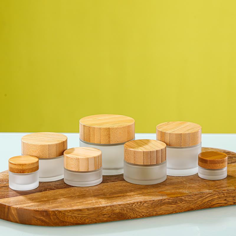 Portable Frosted Glass Cosmetic Jar with Wood Grain Lid for Face & Eye Cream, 5-100g Capacity, Refillable Sample Bottle (30g Option)