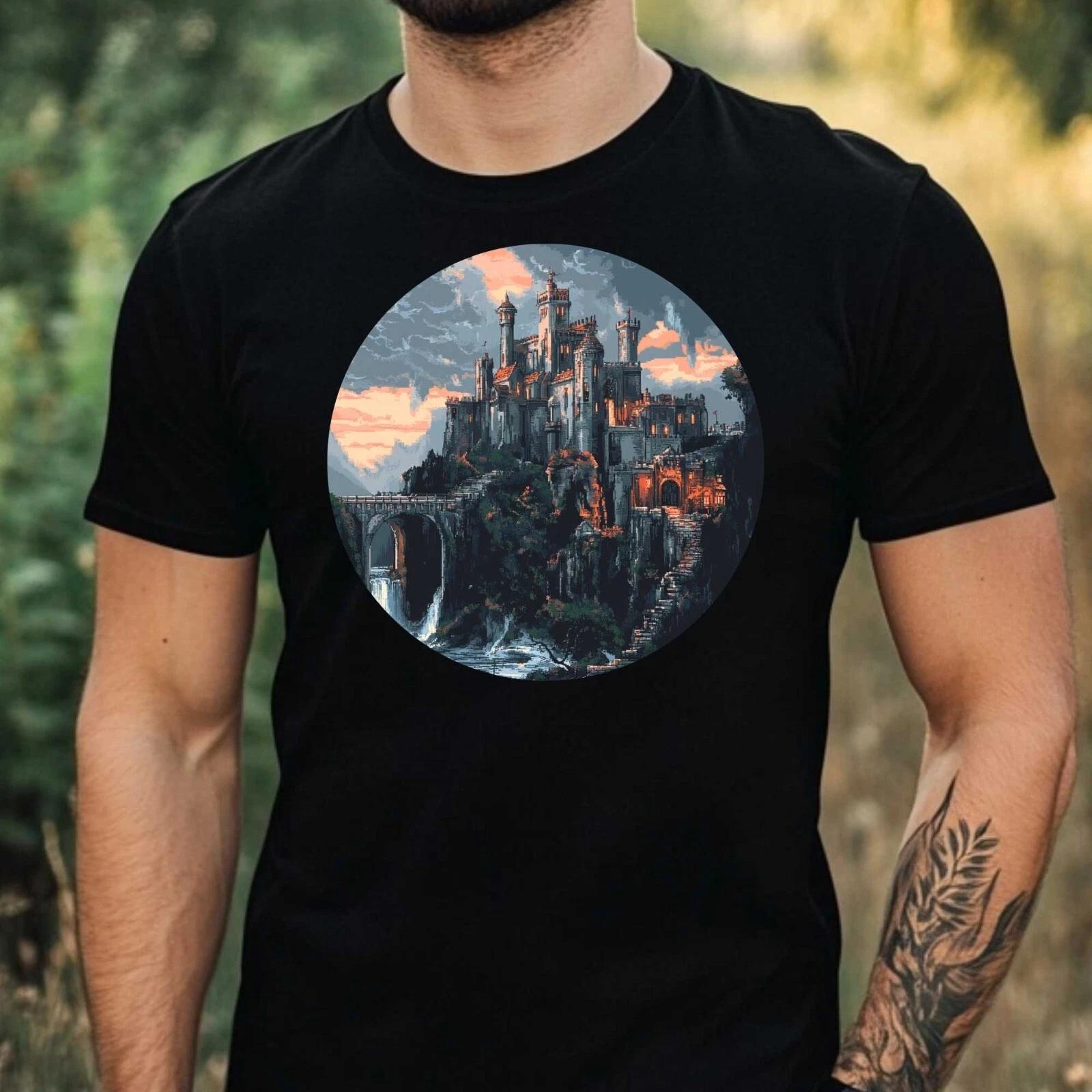 T-Shirt Herren Burg Pixel Art Motiv Baumwolle Größe XS bis 5XL XL
