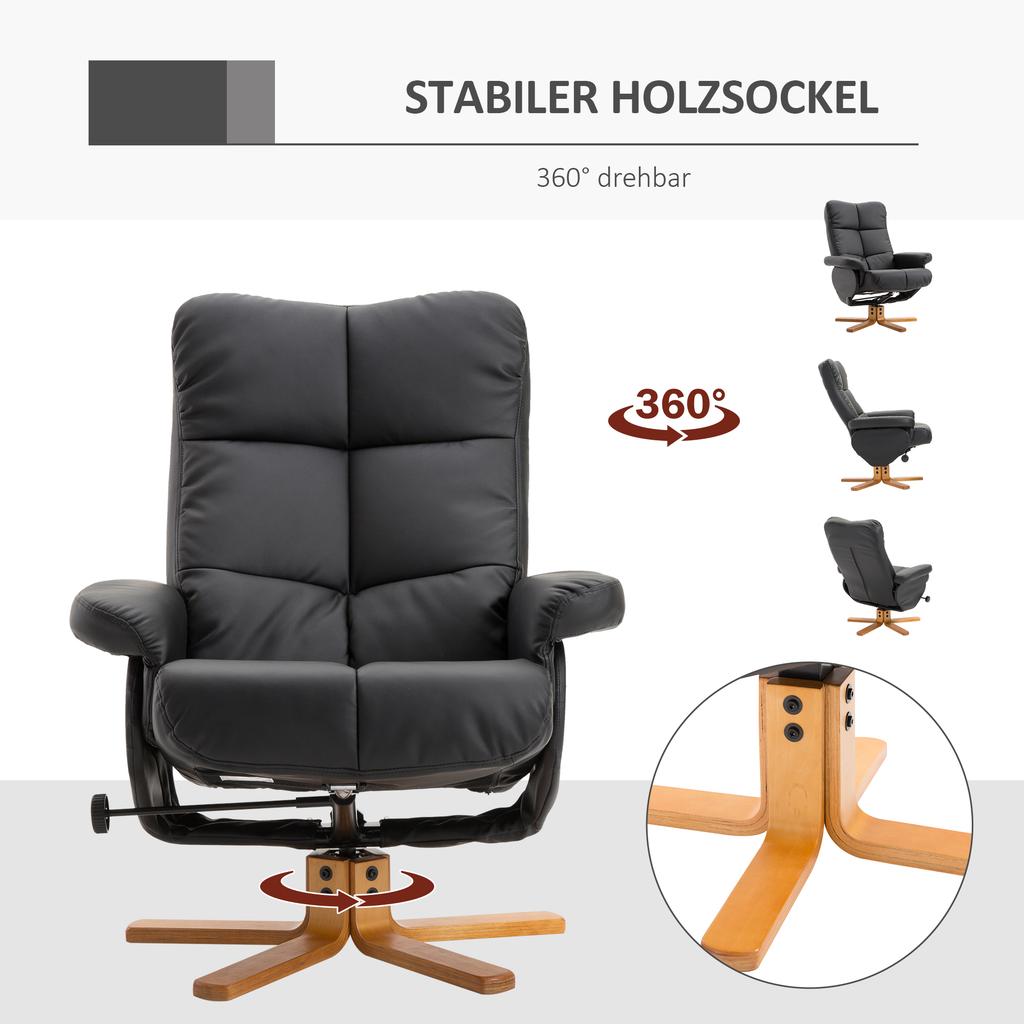 Recliner with Stool, 360 degrees Swivel TV Chair with Reclining Function Reading Chair for Bedroom, Living Room, Faux Leather, Black