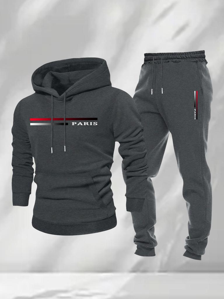 Contrast color gradual change horizontal bar PARIS letter hooded sweater leggings suit men's casual two-piece set