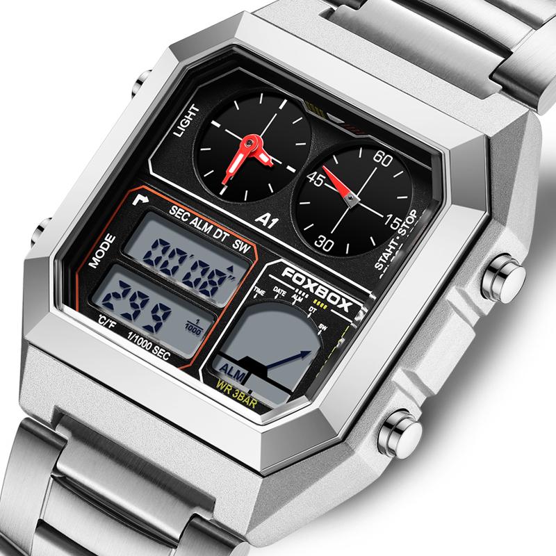 FOXBOX Top Brand Luxury Stainless Steel Chrono Sport Watches Men Back Light Display Digital Wristwatch 3Bar Waterproof Reloj+Box