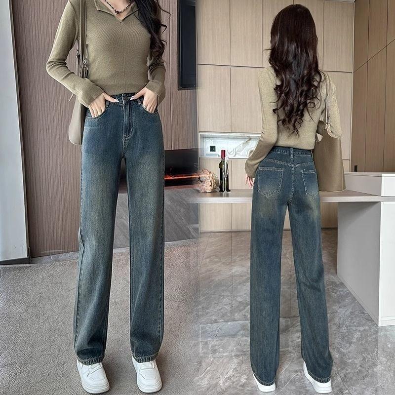Retro velvet jeans women's autumn and winter narrow version straight wide-leg pants show high and thin long pants