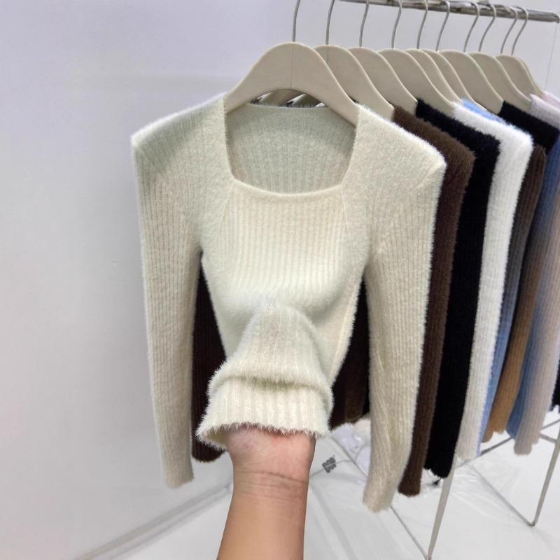 Autumn and Winter Inner Bottoming Shirt Slim Top Solid Color Irregular Square Neck Mink Fleece Sweater Knitted Sweater