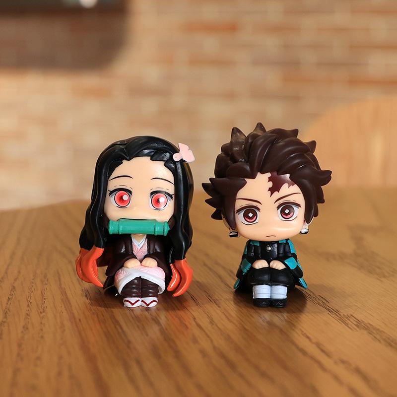 8Pcs/Set Anime Figures Demon Slayer Kimetsu No Yaiba Q Version Sitting Tanjiro Nidouzi Inosuke Zenizu Figurine Model Doll Gift