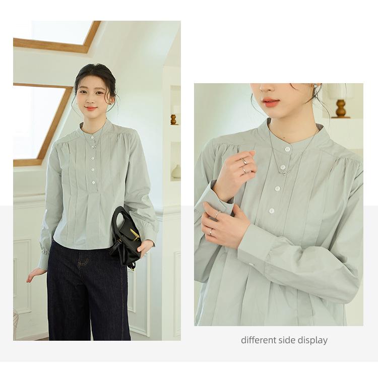 Women's Pleated Stand Collar Long Sleeve Shirt - Loose, Versatile, Elegant Design for Daily Wear