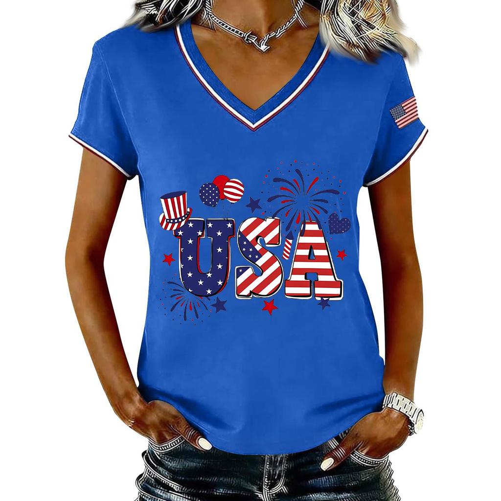 Women V Neck Short Sleeve Pullover T Shirt with USA Letter Print and Pattern Casual Loose Fit Top