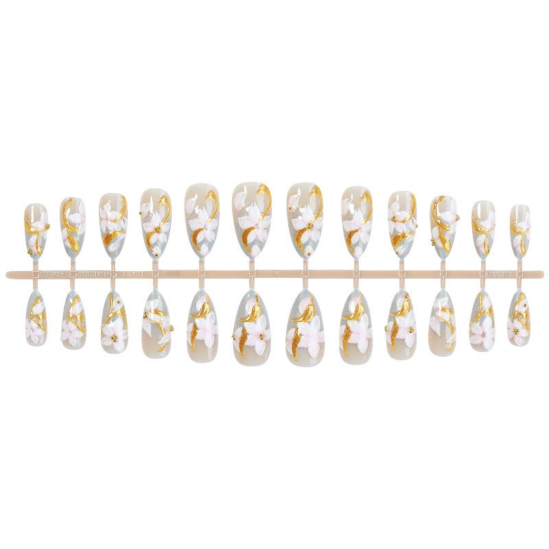 Sparkling Gold Bead Metal Stripe Floral Nail Art – 24-Piece Set