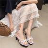 High-heeled slippers slim-heeled French retro half slippers 2025 new summer pearl bow one-pedal cool slippers