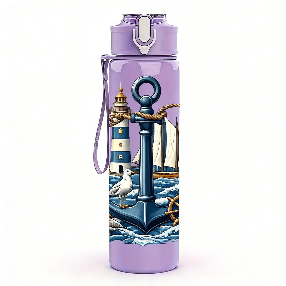 1PC Vintage Old Sail Pirate Ship Print 750ml Color Plastic Sports Water Bottle Leakproof Flip Straw Lid Suitable for Sports Office Home Use