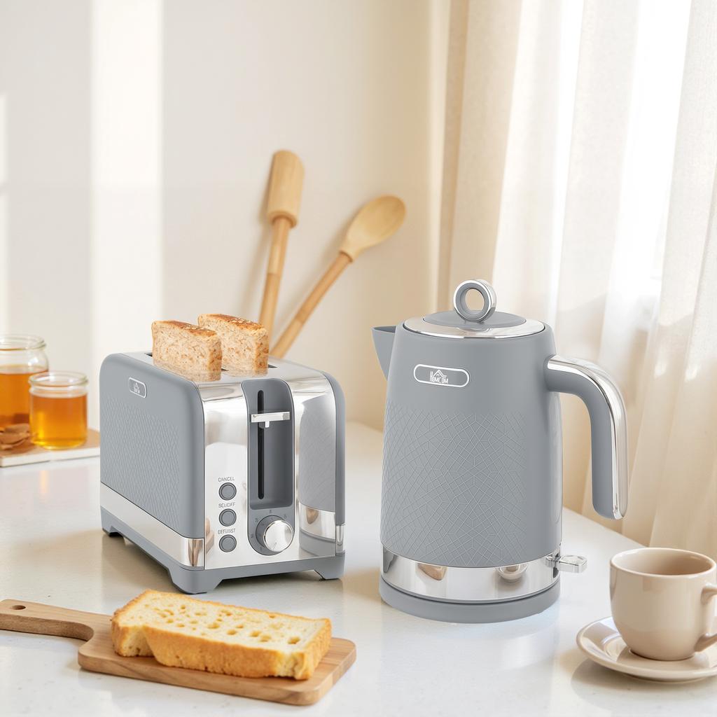 Sleek Textured Kettle and Toaster Set - Grey