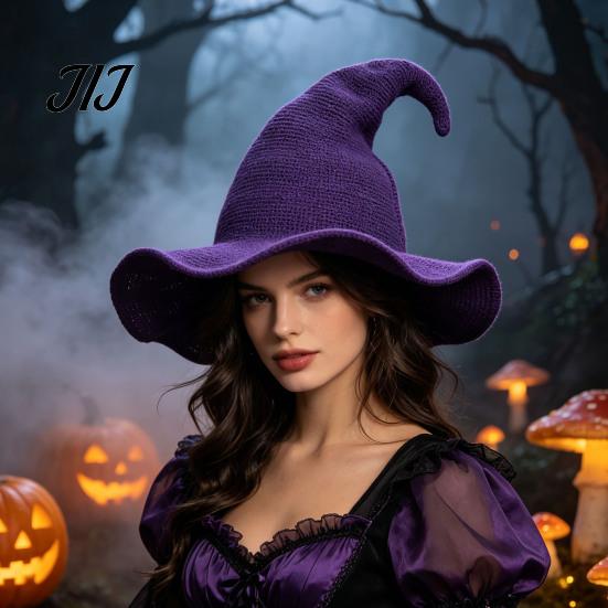 Witch Hat for Halloween Women Pointed Hat, Foldable Wide Brim Knitted Cap, Masquerade Party Prop Cosplay Autumn Winter, Themed Costume Accessory