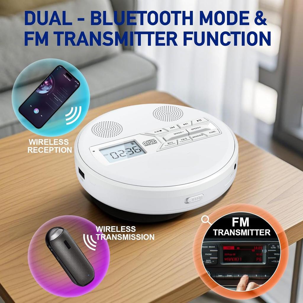 Rechargeable Portable CD Player with Dual Speakers and Anti Skip,Dual Bluetooth,FM Transmission,USB,AUX,LCD Display,Sensitive Button,Repeat,10 Speeds