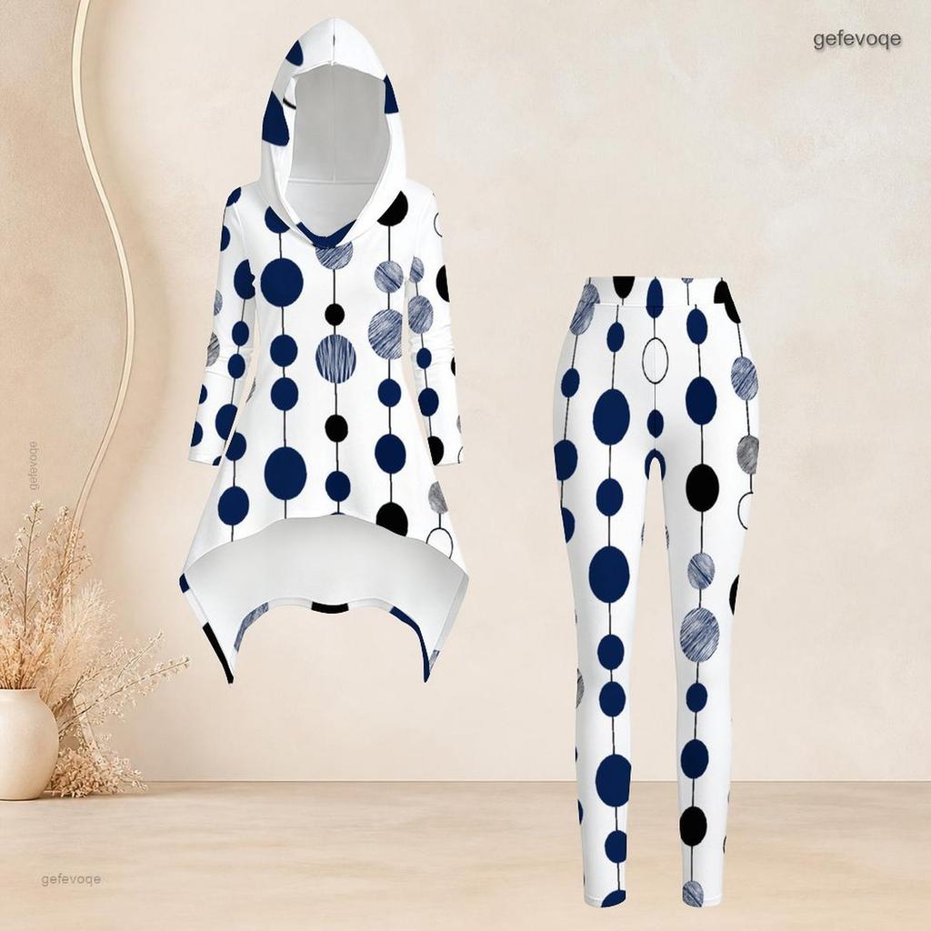 Women Plus Size Printed Hooded Long Sleeve High Low Top And Fitted Pants Two Piece Set