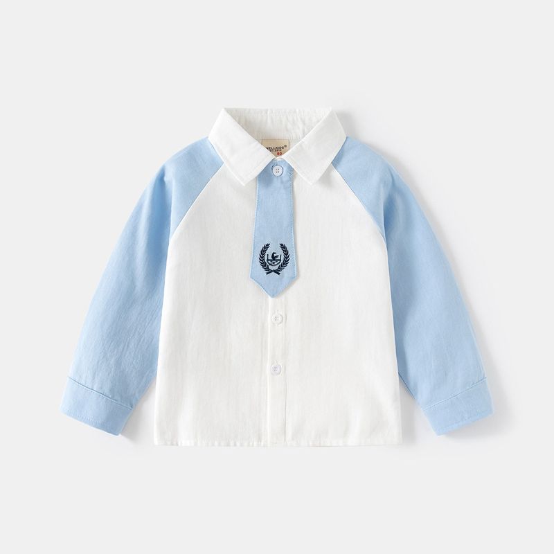 Children's Clothing Spring and Autumn Boys' Shirt with Tie Children's Preppy Style Long Sleeves Shirt Children Lapel Color Matching Top