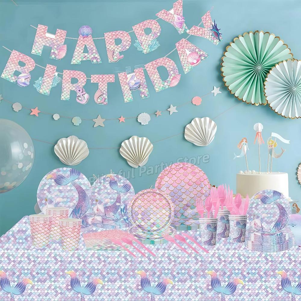 Meerjungfrau Geburtstagsparty Dekorationen Geschirr Teller Tasse Serviette Ballon Hängendes Banner Party Deko Mädchen Mitgebsel Babyparty Zubehör