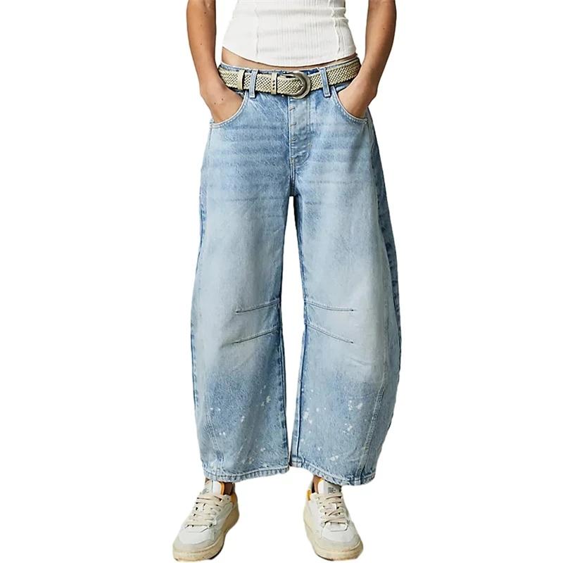 Jeans a Gamba Larga Elasticizzati a Vita Media Moda Forma a Barile Jeans in Denim Casual Baggy da Donna a Vita Media
