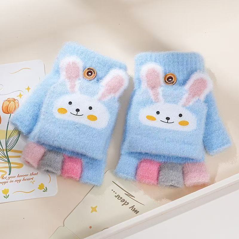 

Children s flip half-finger gloves women s plush autumn and winter warm cute primary school students thickened children s student writing gloves average size