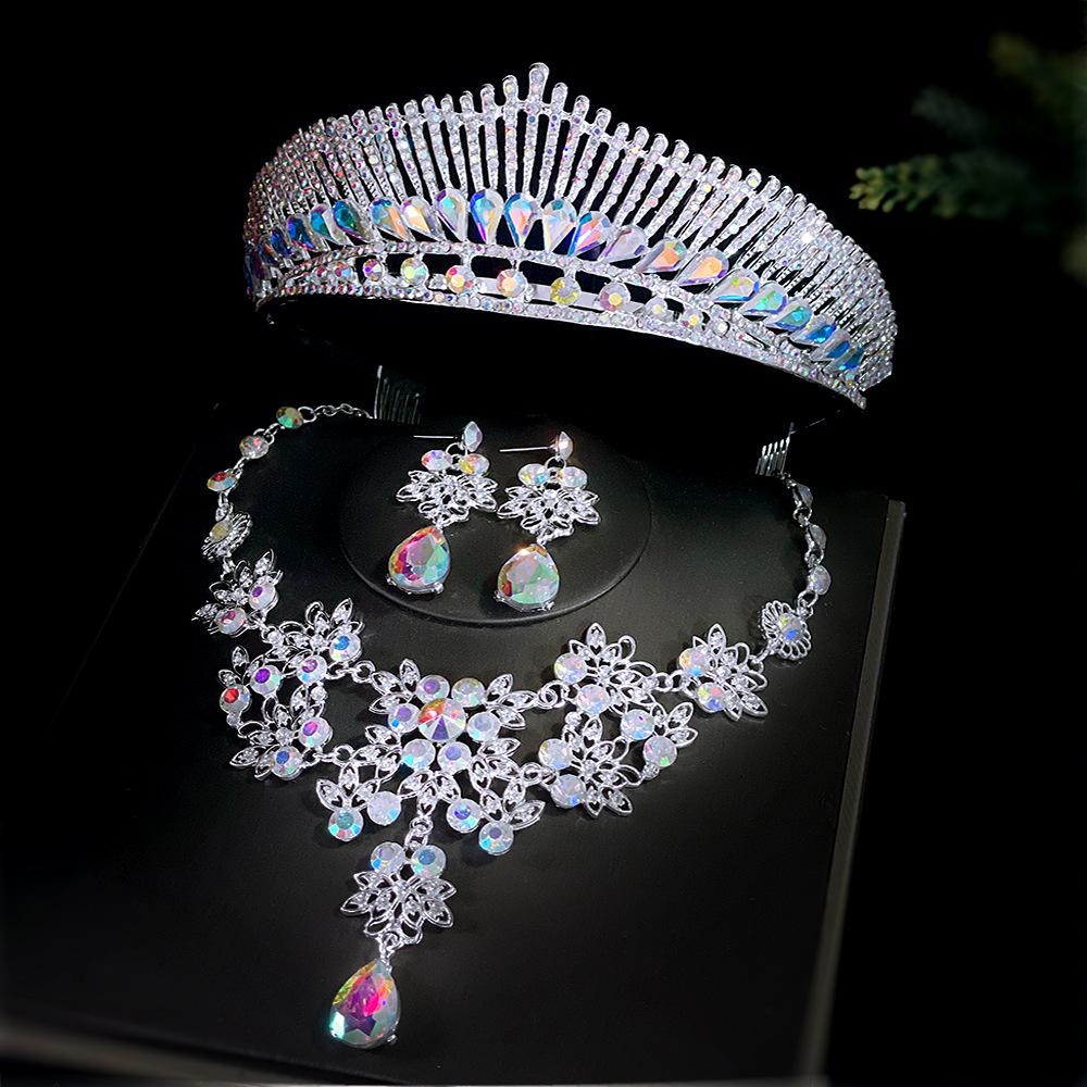 

Luxury Silver Color AB Crystal Bridal Jewelry Sets Rhinestone Tiaras Crown Necklace Earrings Set Wedding Dubai Jewelry
