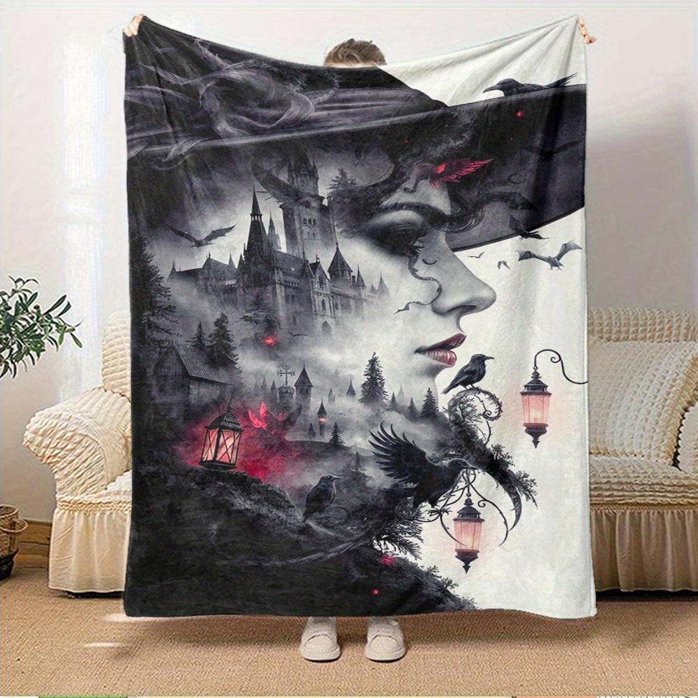 

For Witch,Castle,Ravens-Themed Flannel Blanket, Glam Style, Digital Print, All-Season Comfort, Tear-Resistant, Knitted Craftsmanship, Polyes 150x180cm