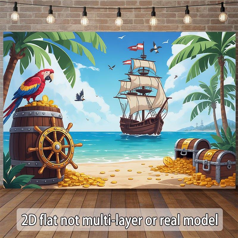 2D flat banner, 1 piece. Horizontal banner depicting a pirate parrot sitting on a treasure bucket, at a party. 100x150cm