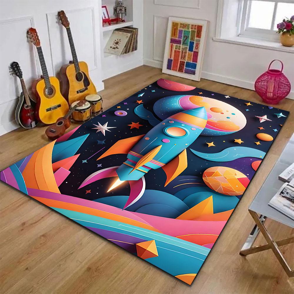 Colorful Rocket in Space Adventure Patterned carpet, suitable as a non slip play mat for the living room and bedroom sofa