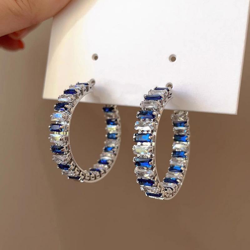 Huitan Gorgeous High-quality Hoop Earrings Female Luxury Party Jewelry Geometric Bright Blue/White Cubic Zirconia Accessories