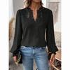 Women Solid Color Long Sleeve Top Luxury Lace Hollowed V-Neck Shirt Office Lady Elegant Daily Blouse