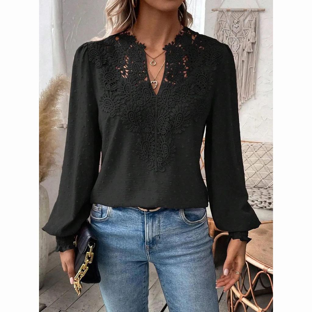 Women Solid Color Long Sleeve Top Luxury Lace Hollowed V-Neck Shirt Office Lady Elegant Daily Blouse