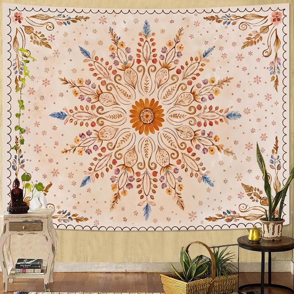 Boho Floral Mandala Tapestry For Bedroom Aesthetic Watercolor Bohemian Flower Wall Tapestry Brown Beige Hippie Indian Small